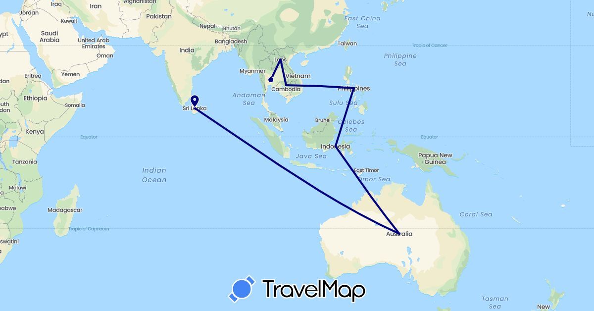 TravelMap itinerary: driving in Australia, Indonesia, Cambodia, Laos, Sri Lanka, Philippines, Thailand (Asia, Oceania)